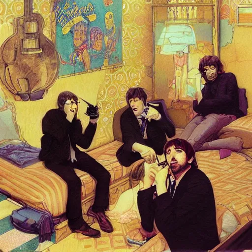 Image similar to The Beatles smoking weed in a hotel room with Bob Dylan, yellow theme, by krenz cushart and mucha and yoneyama mai and greg rutkowski