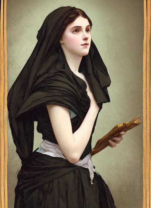 Image similar to a portrait of a 16 year old girl in 1800s style with pale skin and very short black hair wearing a cloak made of strips of grey fabric, By Artgerm and Greg Rutkowski and Alphonse Mucha