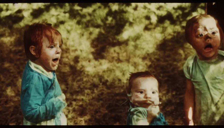 Image similar to 7 0 s film still from a horror movie about evil babies on a farm, kodachrome, cinecolor, cinestill, film grain, film texture, retro, cinematic, high resolution, photorealism,