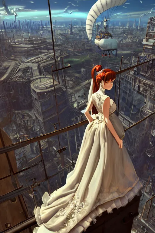 Prompt: hires unreal 5 render of beautiful industrial steampunk digital art of grande ariana in a wedding dress. standing on the balcony of a steampunk airship overlooking a city. symmetrical face, beautiful eyes, 8 k resolution, trending on art station, award - winning photo, highly detailed scene, vibrant art by studio ghibli and slim aarons