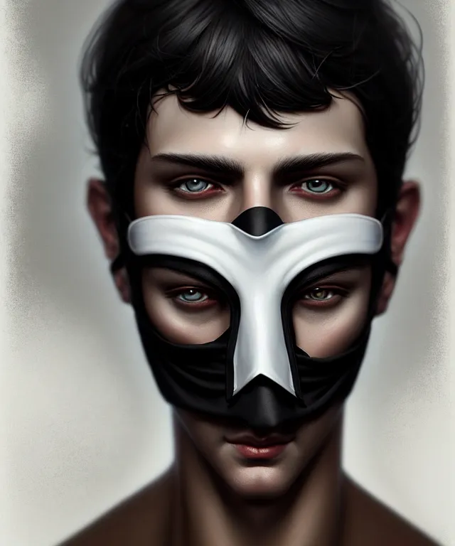 Image similar to white man with black fabric mask, short dark hair, highly detailed face!!!, true anatomy!, extremely detailed!, digital painting, unreal engine 5, art by tom bagshaw