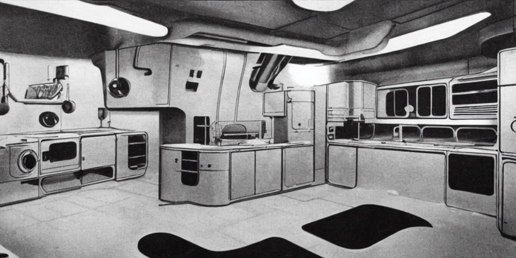 Image similar to soviet retro - futuristic kitchen, space station