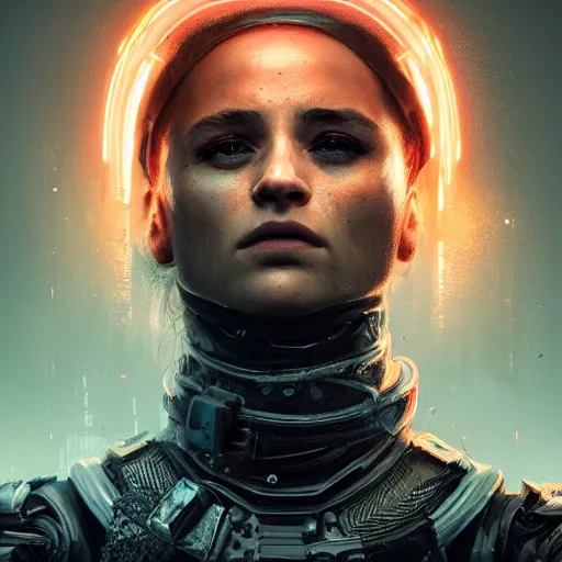 Prompt: alicia vikander portrait, dystopia core, apocalyptic, armor, warrior, dramatic, sharp focus, fiction, neon, fantasy, hyper detailed, digital art, trending in artstation, cinematic lighting, studio quality, smooth render, unreal engine 5 rendered, octane rendered, art style and nixeu and wlop and krenz cushart