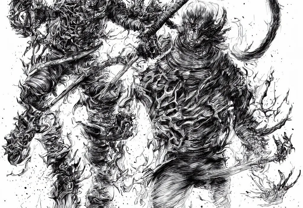 Prompt: guts from berserk fighting in hell raiser made by Kim Jung Gi