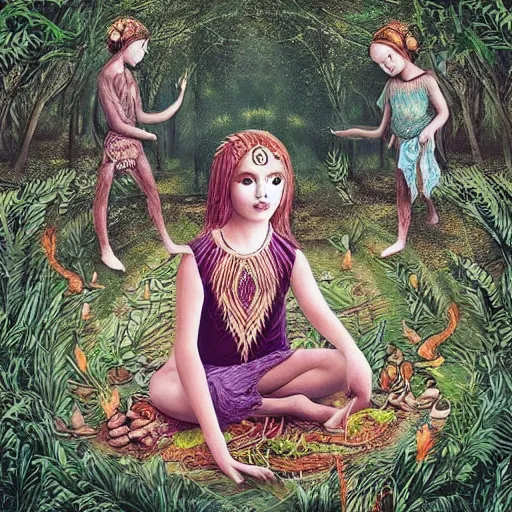 Prompt: “ forest childs making ritual in the forest, intricate, artwork, illustration, fantasy, digital art ”