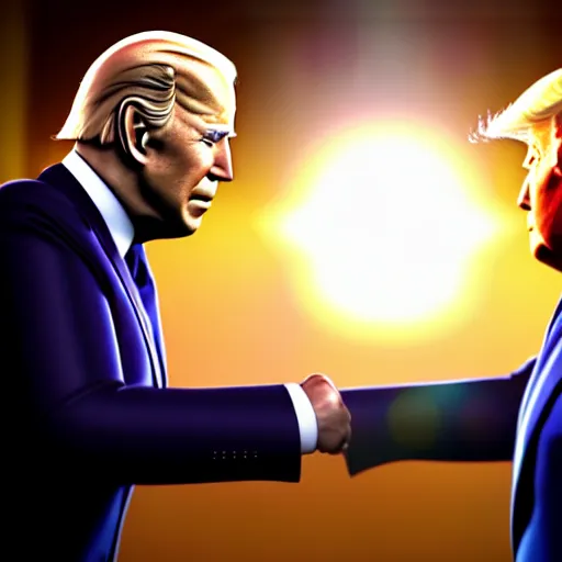 Prompt: joe biden handshakes donald trump ultra realistic, lens flare, atmosphere, glow, detailed, intricate, full of colour, cinematic lighting, trending on artstation, 4 k, hyperrealistic, focused, extreme details, unreal engine 5, cinematic, masterpiece, ultra realistic, hyper realistic, highly detailed, sharp focus, digital art