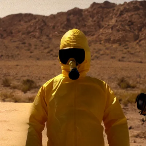 Prompt: a man wearing a hazmat suit and goggles, in the desert, film still