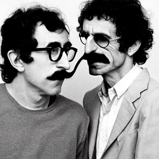 Prompt: a young Woody Allen with Frank Zappa\'s mustache, easy, famous, glosssssy, bizarrrrre