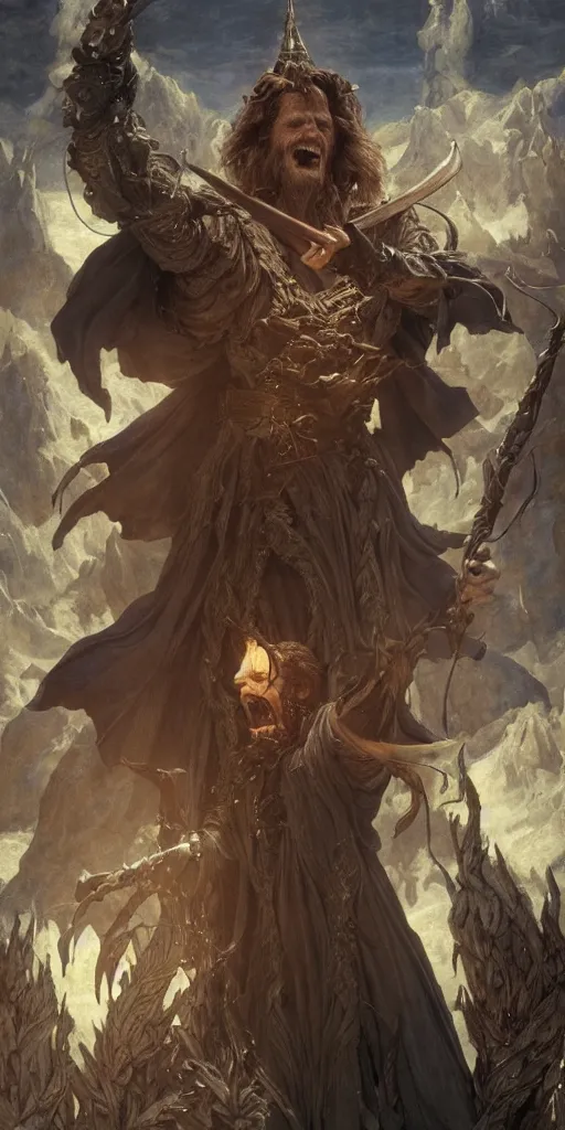 Image similar to willem dafoe, king of mages, makes a spell, dungeons and dragons, masterpiece by edgar maxence and ross tran and michael whelan, gustav dore, 8 k, octane render