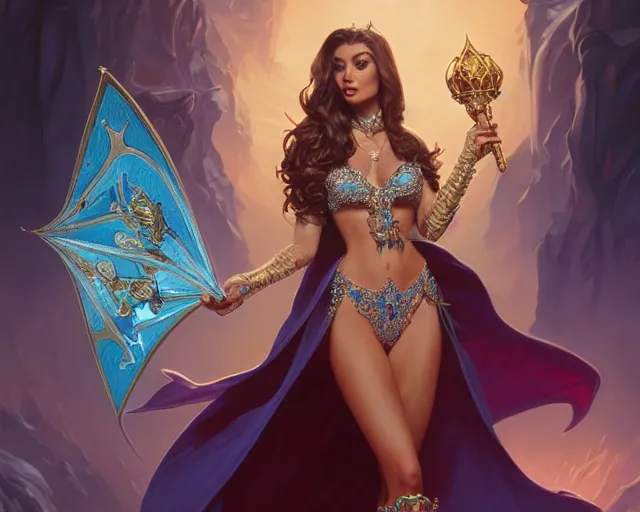 Image similar to lizkatz as miss universe, 8 k, deep focus, d & d, fantasy, intricate, elegant, highly detailed, digital painting, artstation, concept art, matte, sharp focus, illustration, hearthstone, art by artgerm and greg rutkowski and alphonse mucha