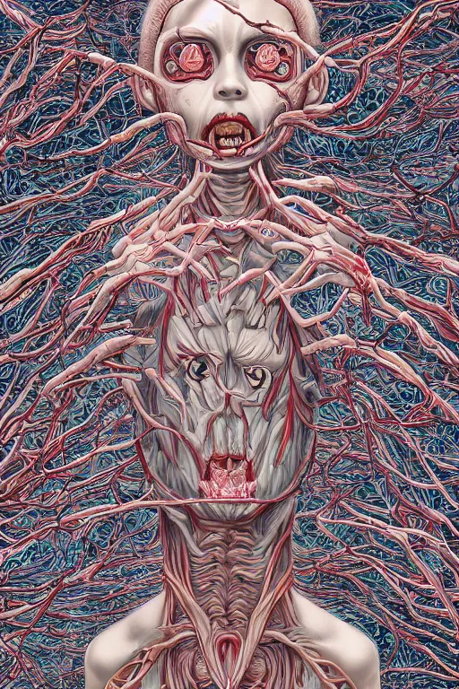 Prompt: Body breaking apart, Conjuring Psychedelic Illustration by Shintaro Kago, ultra realistic, highly detailed, beautiful detailed intricate insanely detailed octane render trending on Artstation, symmetrical, grotesque, 8K artistic photography,