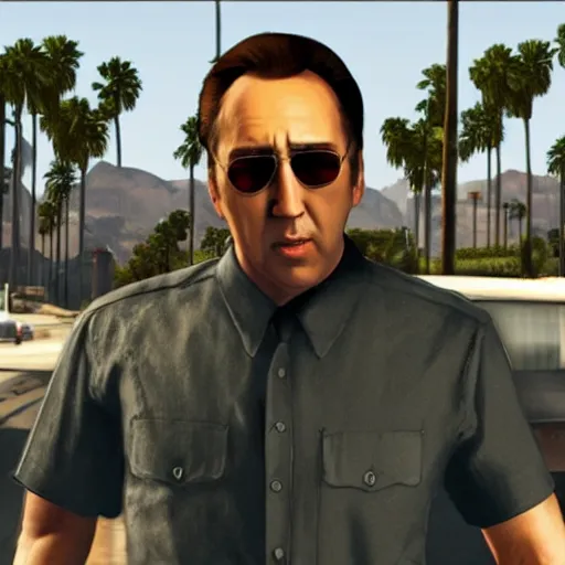 Image similar to Nicholas Cage in GTA V . Los Santos in the background, palm trees. In the art style of Stephen Bliss