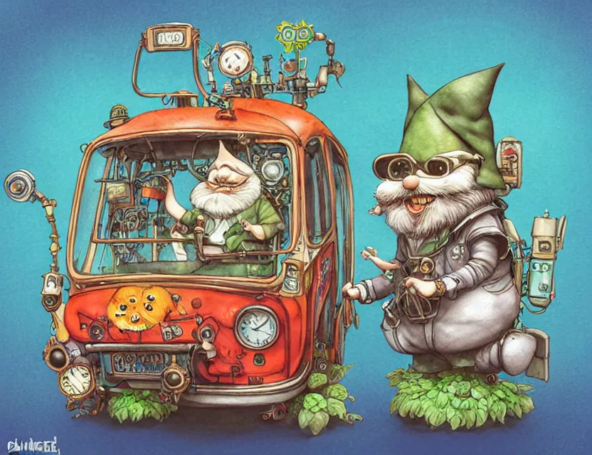 Prompt: cute and funny, a garden gnome driving a steampunk bus, ratfink style by ed roth, centered award winning watercolor pen illustration, isometric illustration by chihiro iwasaki, edited by range murata, tiny details by artgerm and watercolor girl, sharply focused