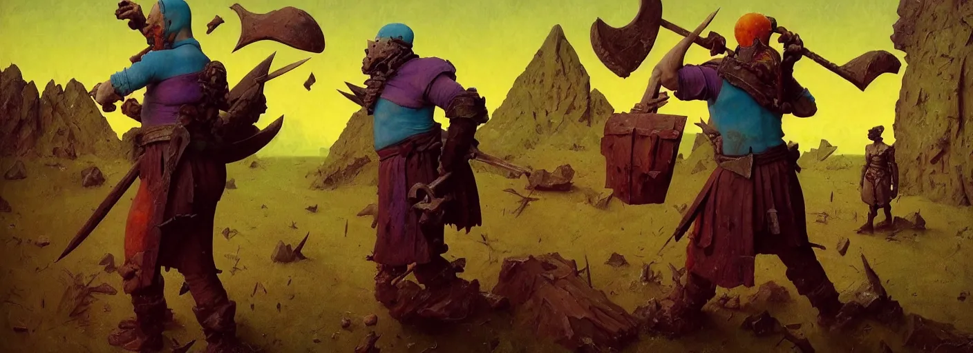 Image similar to full - body portrait surreal colorful clay fighting artstation rpg barbarian character concept art anatomy, action pose, very coherent and colorful high contrast masterpiece by norman rockwell franz sedlacek hieronymus bosch dean ellis simon stalenhag rene magritte gediminas pranckevicius, dark shadows, sunny day, hard lighting, reference sheet white! background