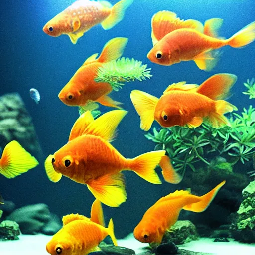 Image similar to hexagonal goldfish in an aquarium, ghibli style