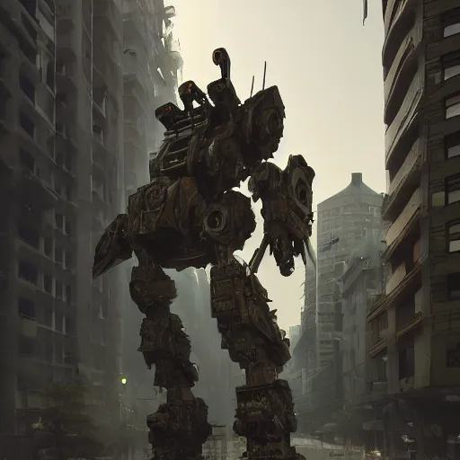 Prompt: six feet tall mech fighting in an urban environment, by gaudi, by ismail inceoglu, octane render, by weta digital, cinematic lighting, bump mapped, lumen reflections, ambient occlusion, action scene screenshot, epic scale, trending on artstation