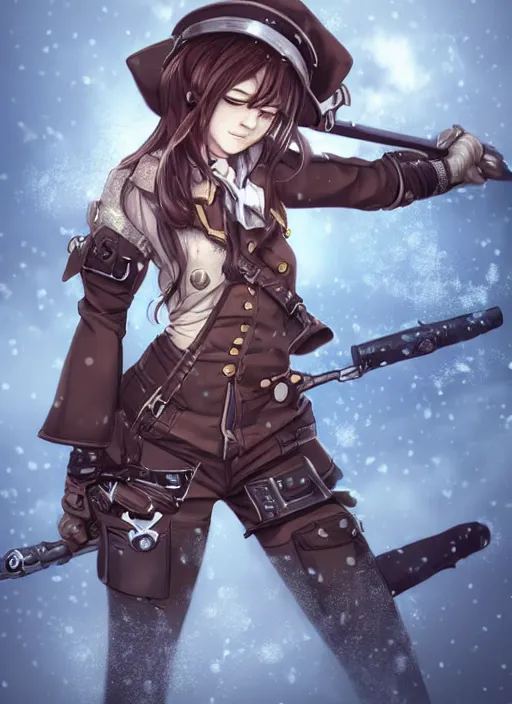 Image similar to girl with steampunk weapons and uniform, serious, finely detailed, made by artgerm, ross tran, full body portrait, illustration, snow, snowing, cloudy, anime, side view, perfect anime face, realistic face, zoomed out, smooth, brown eyes, high waisted shorts