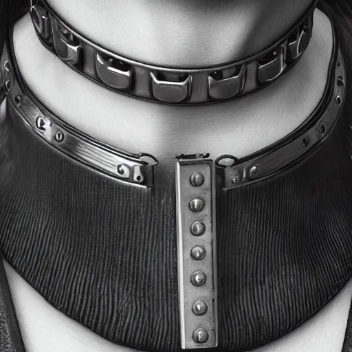 Image similar to detailed realistic female character cyberpunk wearing thick steel collar around neck, realistic, art, beautiful, 4K, collar, choker, collar around neck, punk, artstation, detailed, female, woman, choker, cyberpunk, neon, punk, collar, choker, collar around neck, thick collar, choker around neck, wearing choker, wearing collar,