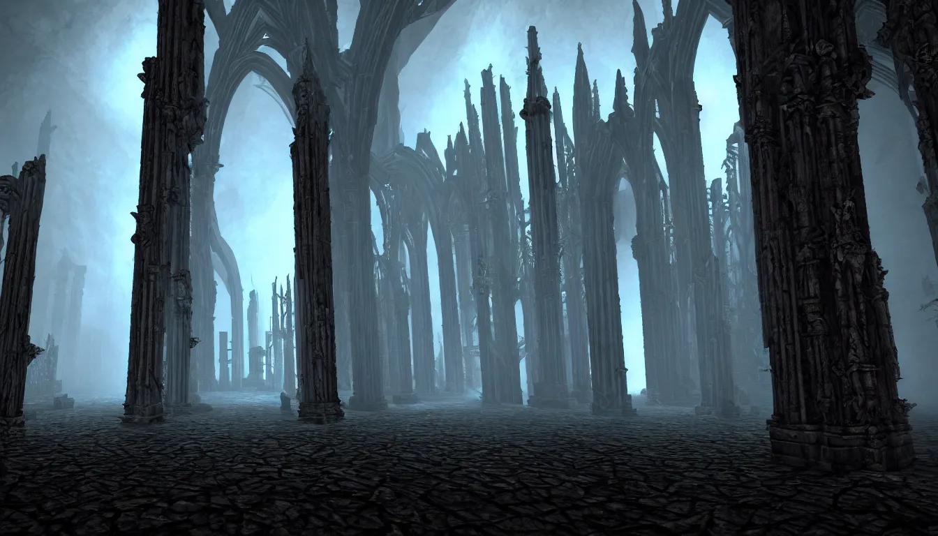 Image similar to dark gothic cathedral realm of darkness, side - scrolling 2 d platformer game level, sinister fog through the pillars, ancient temple ruins, dramatic midnight sun illuminates areas, volumetric light, detailed entangled bodies on walls, bleak decaying color, upscale, 8 k