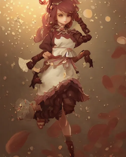 Prompt: a girl as personification of chocolate cupcake, fantasy bakery, digital art by krenz cushart, laurie greasly, intricate details, sharp focus, smooth, epic composition, joyful, unreal engine