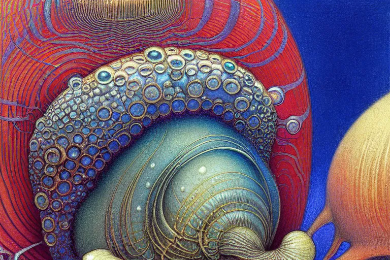 Image similar to realistic detailed closeup portrait painting of a single snail wearing crimson velvet blazer in a crowded futuristic moscow street by Jean Delville, Amano, Yves Tanguy, Alphonse Mucha, Ernst Haeckel, Ilya Repin, Edward Robert Hughes, Andrei Tarkovsky, Roger Dean, rich moody colours, blue eyes