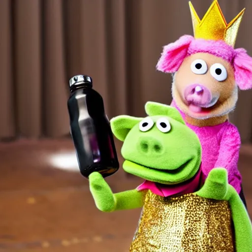 Image similar to pig working out wearing a gold crown as a Muppet holding a water bottle 8k