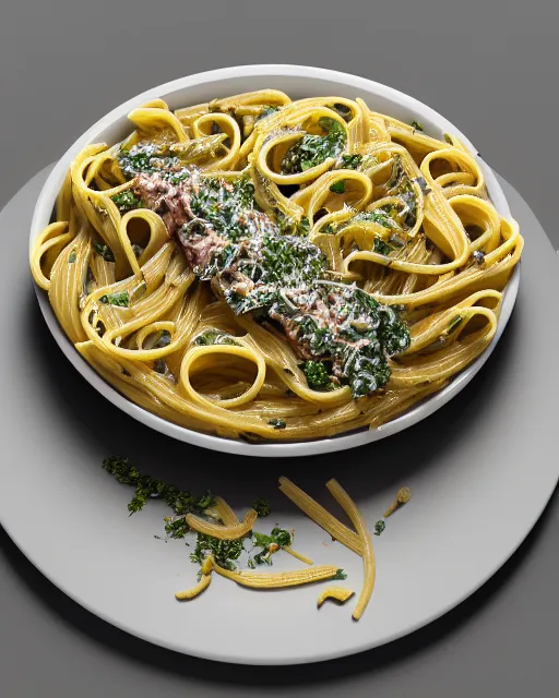 Image similar to pasta dish with anchovies and capers, lunch, cinematic lighting, hyper realism, octane render, 8 k, hyper detailed.