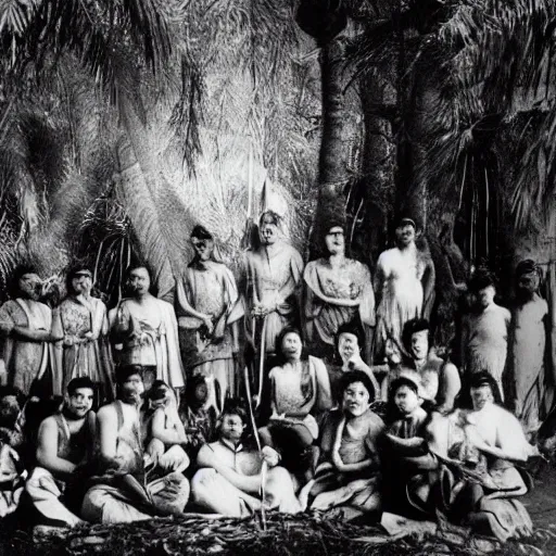 Image similar to lost film footage of a sacred in the middle of the ( ( ( ( ( ( ( ( ( tropical jungle ) ) ) ) ) ) ) ) ) / ethnographic object / tribal / sacred / film still / cinematic / enhanced / 1 9 0 0 s / black and white / grain