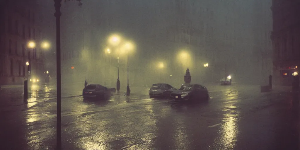 Image similar to street of paris photography, night, rain, mist, cinestill 8 0 0 t, in the style of william eggleston