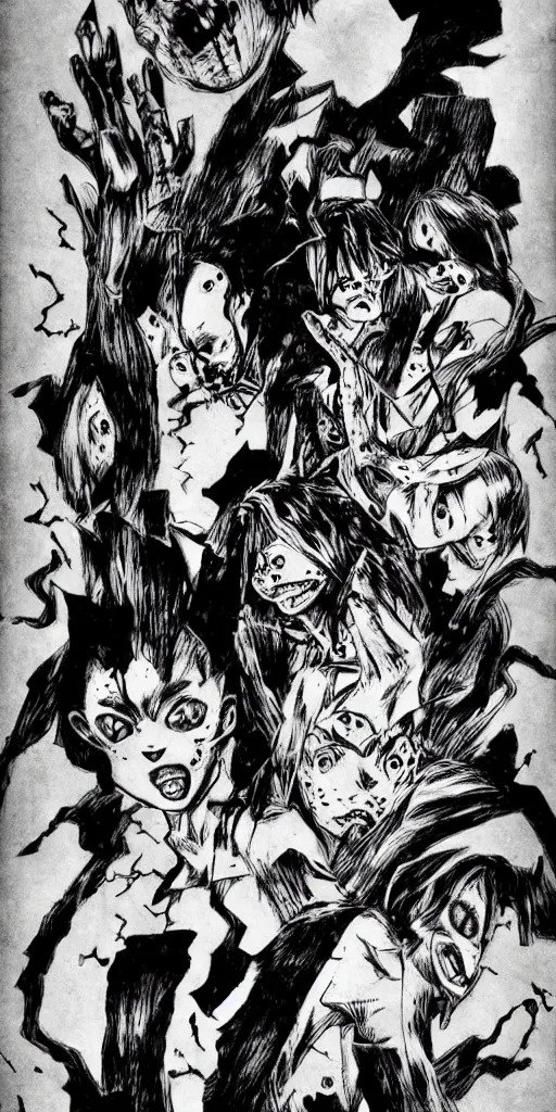 Prompt: Jojo bizarre adventure, horror, creepy, dark, manga, pencil, inspired by junji ito, superior quality, masterpiece