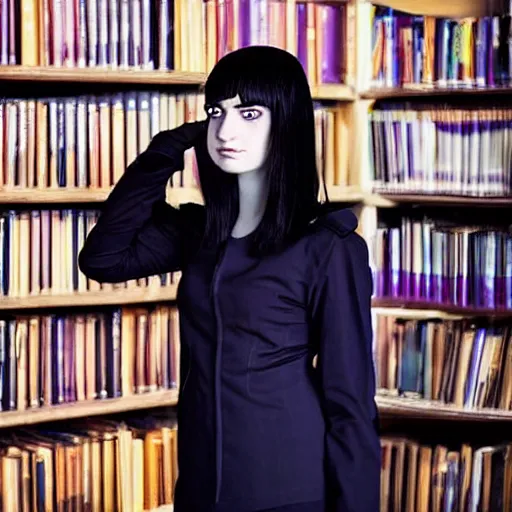 Prompt: 1 7 - year - old pale - skinned persian girl with black long bob cut, black gothic jacket, purple eyes, psychic girl, in a gloomy library, blue hour