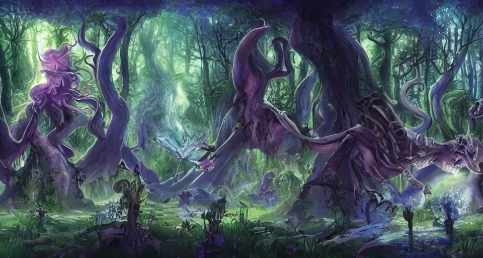 Image similar to Enchanted and magic forest, from Magic the gathering