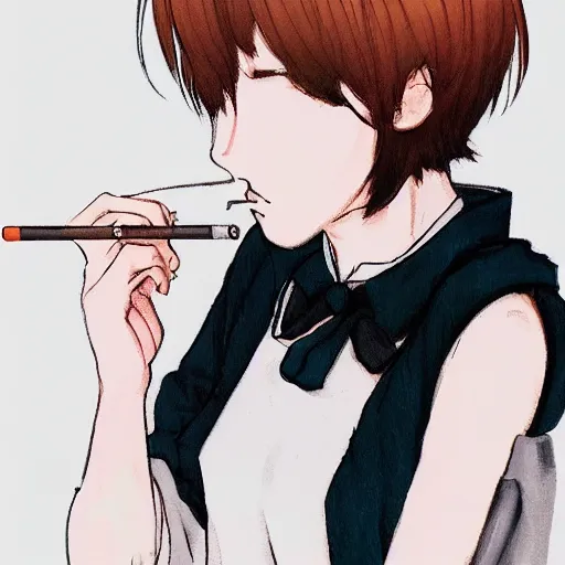 Image similar to portrait of a girl with short brown hair, wearing a white blouse and black choker, smoking a cigarette, drawn by WLOP, by Avetetsuya Studios, attractive character, colored sketch anime manga panel, unsaturated, dull colors, trending on Artstation