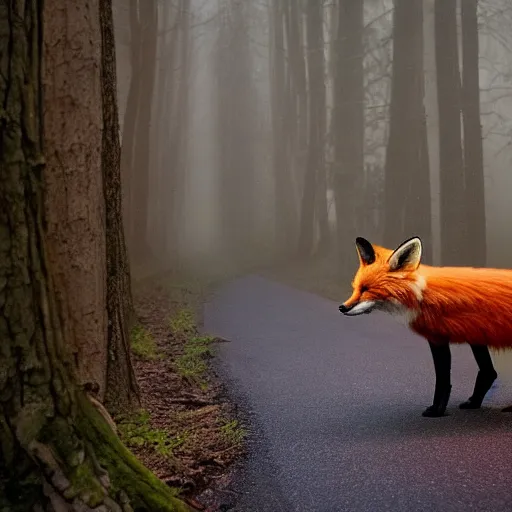 Image similar to a large fox muppet wearing a hooded cloak herding a bunch of random muppet animals following behind through a dark forest, sesame street, photograph, photography, ultrarealistic, national geographic