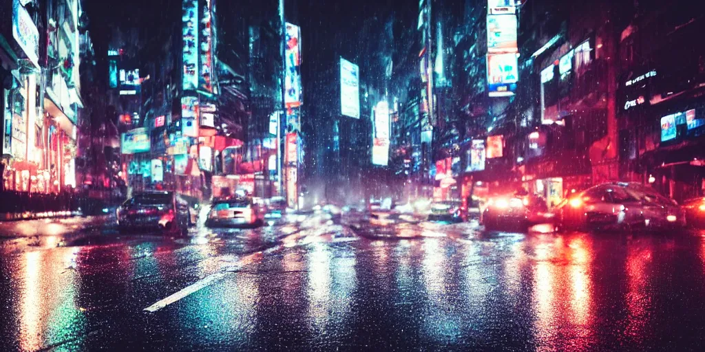 Image similar to a city street at night, raining, photograph, cars on the road, cyberpunk, sharp focus