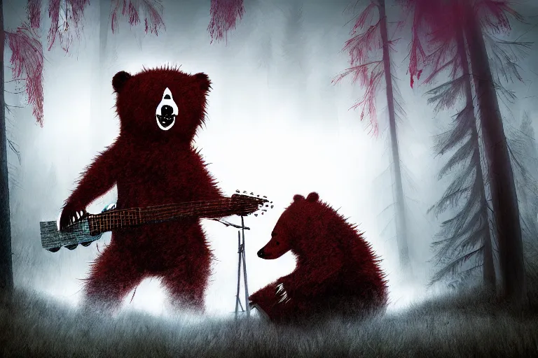 Image similar to Realistic punk bear playing hardcore metal guitar in the middle of a misty red forest talking to big foot .digital art on artstation