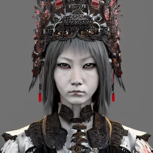 Prompt: japanese maid with extremely detailed headdress, inspired by die antwoord beautiful, hand painted textures, cloth physics, deviantart, karol bak, masamune shirow, black and white, beautiful lighting, photorealistic, concept art, perfect render, 3 d render, pixar, 8 k