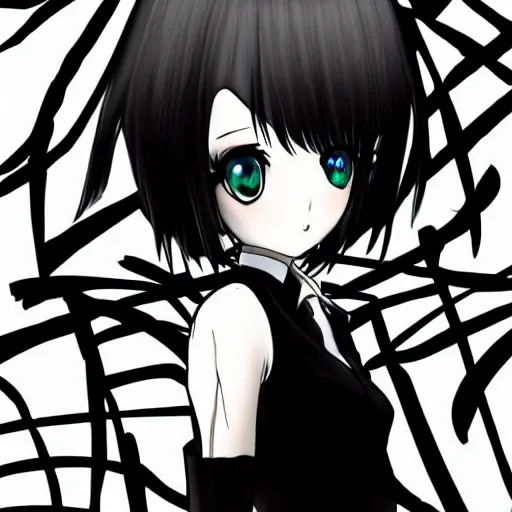 Prompt: Character design of an anime girl with short white hair and black eyes wearing three piece suit in the style of Yoshitaka Amano, abstract black and white background with lines, film grain effect, highly detailed, soft gradients