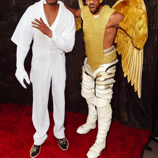 Image similar to will smith slap chris rock in the face, dressed as gladiator, with angels wings, in theater