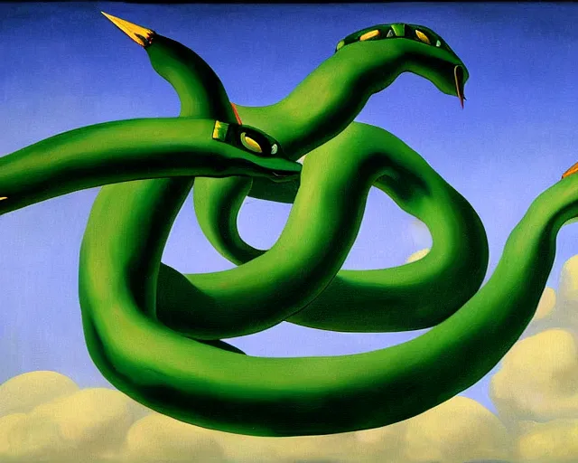 Image similar to a painting of Rayquaza by Magritte