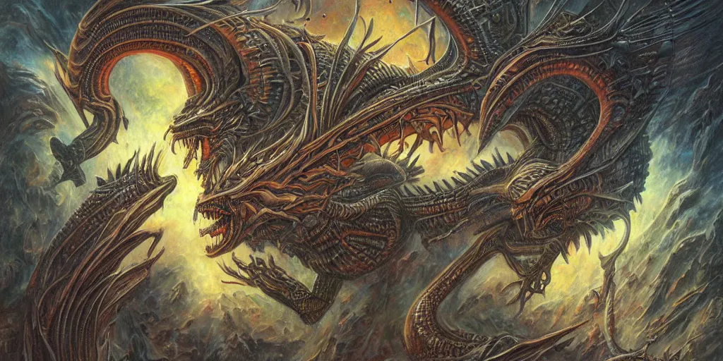 Image similar to alien space dragon by dan seagrave art