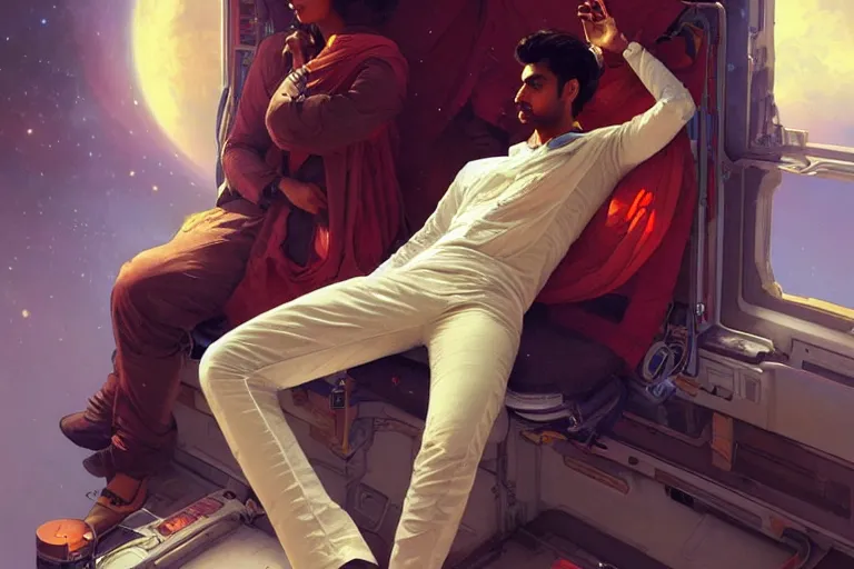 Image similar to Sensual good looking pale young Indian doctors wearing jeans in a space station above Earth, portrait, elegant, intricate, digital painting, artstation, concept art, smooth, sharp focus, illustration, art by artgerm and greg rutkowski and alphonse mucha