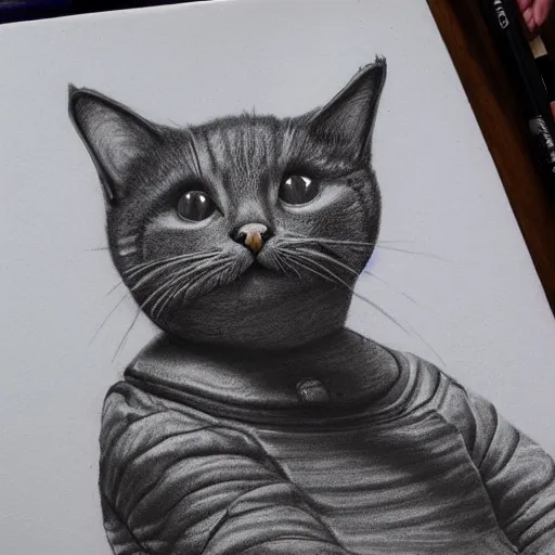 Image similar to a cat wearing a spacesuit, photorealistic pencil art