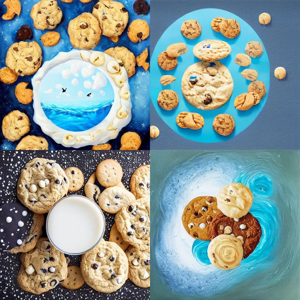 Prompt: Realistic painting of an ocean made of milk with cookies and biscuits floating beautiful artwork