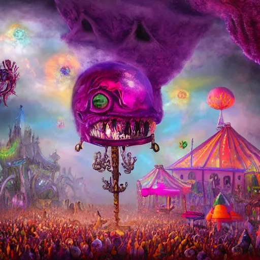 Prompt: ultra realist soft painting render of a curiosities carnival in loveraftian universe, horror, omnious sky, deep fog, tiny lurking tentacles, crowded silhouettes, symmetry accurate features, very intricate details, purple gold cyan color palette, masterpiece award winning,, volumetric light clouds
