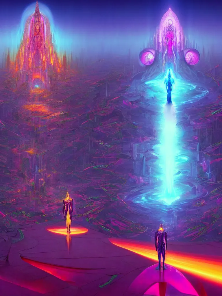 Image similar to entrance to ethereal realm, vishnu waiting, rendered in unreal engine, central composition, symmetrical composition, dreamy colorful cyberpunk colors, 6 point perspective, fantasy landscape with anthropomorphic!!! terrain!!! in the styles of igor morski, jim warren, and rob gonsalves, intricate, hyperrealistic, volumetric lighting, neon ambiance, distinct horizon