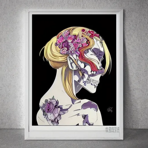 Image similar to anime manga skull portrait girl female skeleton helmet illustration 80s art Betz Etam and Sainer Etam and alphonse mucha pop art nouveau