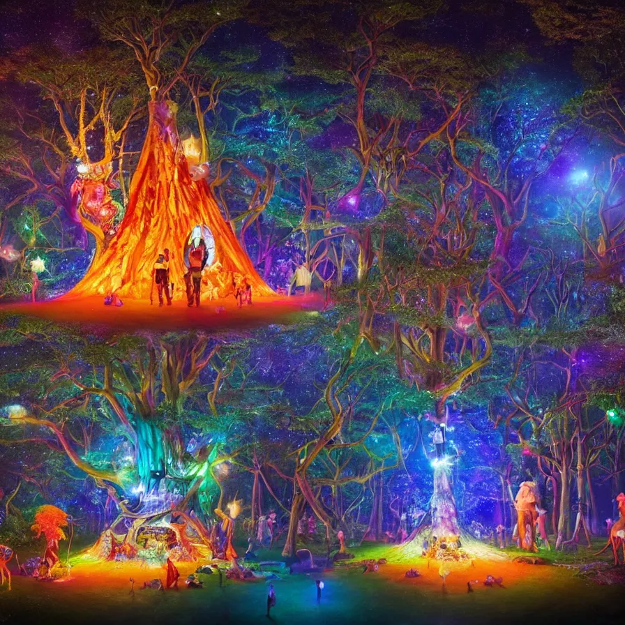 Image similar to closeup of a night carnival inside a magical tree cavity, with a surreal orange moonlight and fireworks, next to a lake with iridiscent water, christmas lights, folklore animals and people disguised as fantastic creatures in a magical forest by summer night, masterpiece painted by storm thorgerson, scene by night, dark night environment, refraction lights, glares
