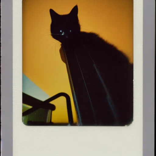 Image similar to black cat in a rollercoaster. the cat looks happy. sunny landscape. polaroid photo. tri color.