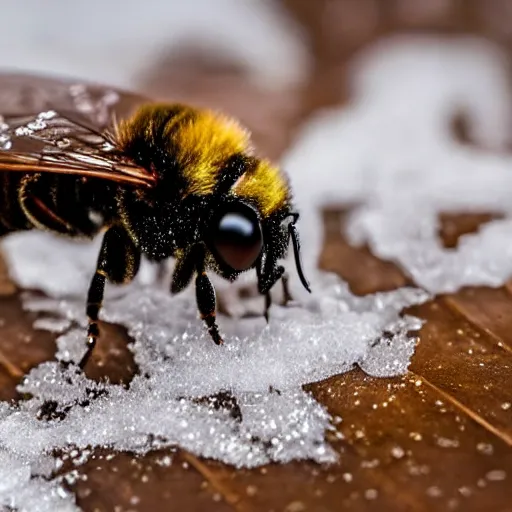 Prompt: an anime bee finding a beautiful flower, entrapped in ice, only snow in the background, beautiful macro photography, warm ambient light